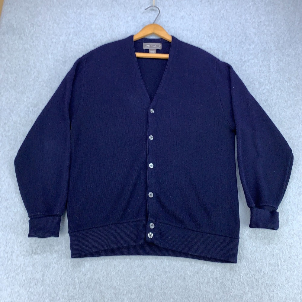 David Taylor Cardigan Sweater Mens Large Navy Blue Vintage Grandpa USA Made
